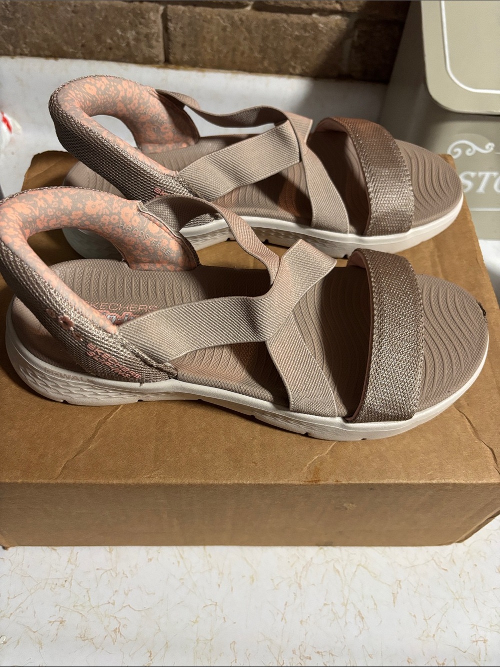 Skechers Lightweight Taupe Strappy Sandals with Pink Accents. Hands free step in
